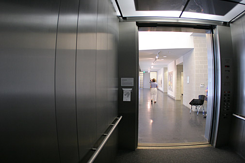 Inside Rapture/Rupture, view out the Tang Museum elevator door