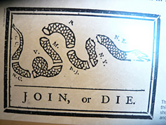 Join or Die sign at Fort Stanwix in Rome.